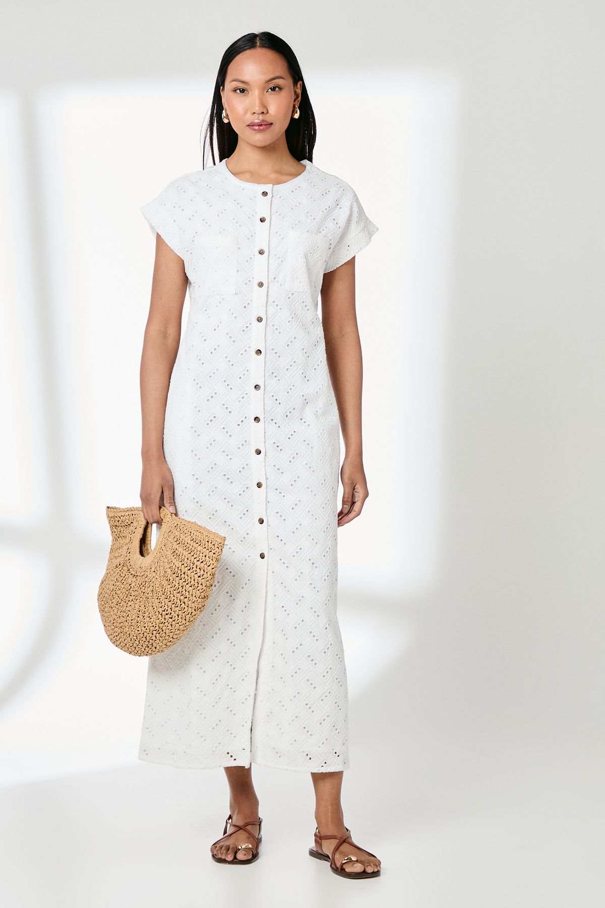Principles White Broderie Pocket Detail Midi Shirt Dress White image 1