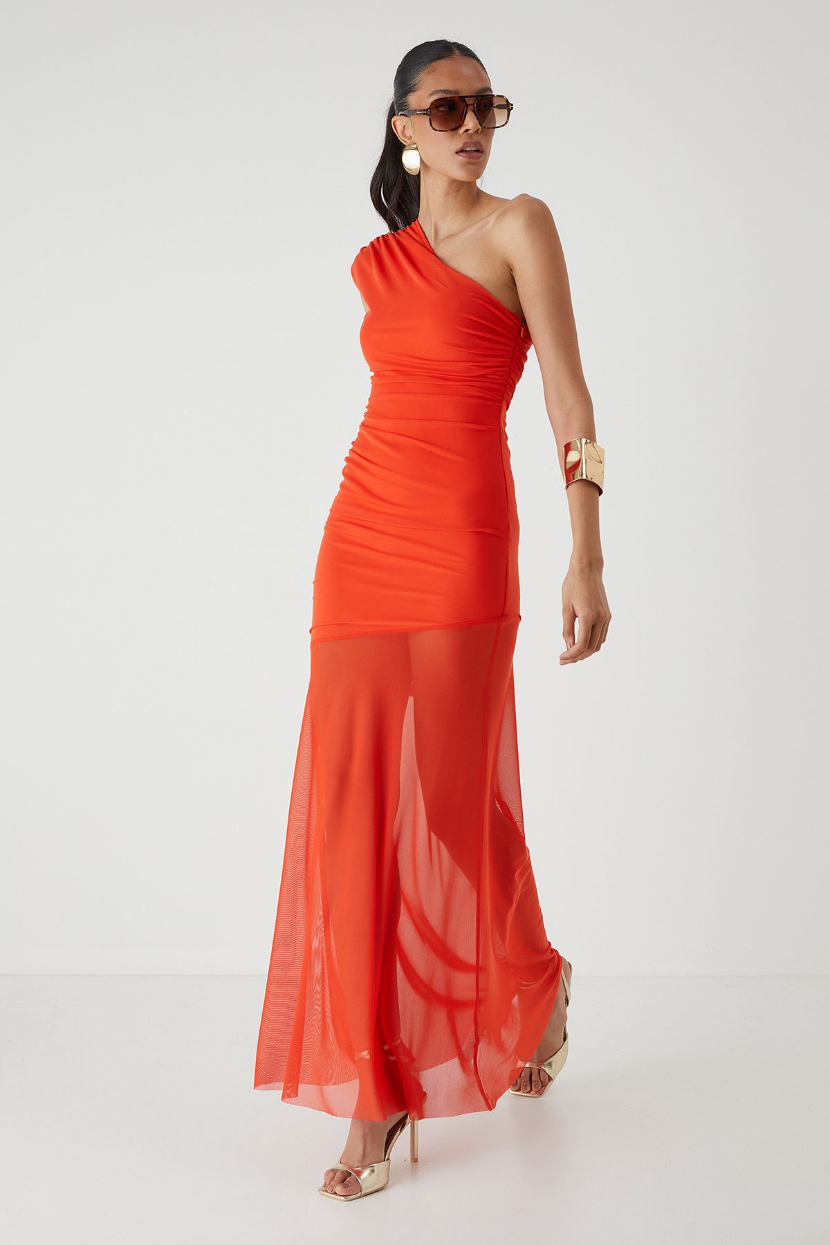 MissPap Mesh Ruched One Shoulder Maxi Dress Orange image 1