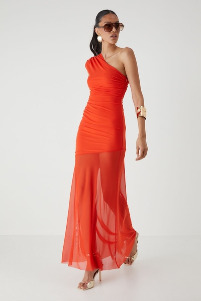 MissPap Mesh Ruched One Shoulder Maxi Dress Orange
