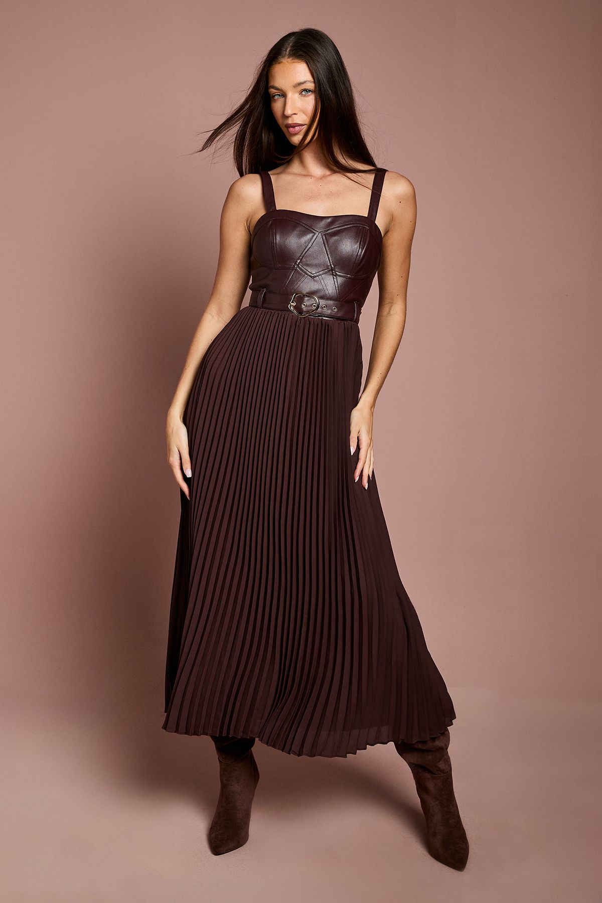 Coast Strappy PU Pleat Skirt Midi Dress With Belt Brown image 1