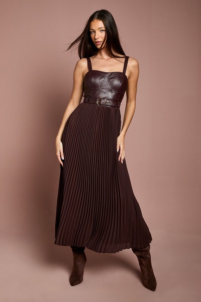 Coast Strappy PU Pleat Skirt Midi Dress With Belt Brown