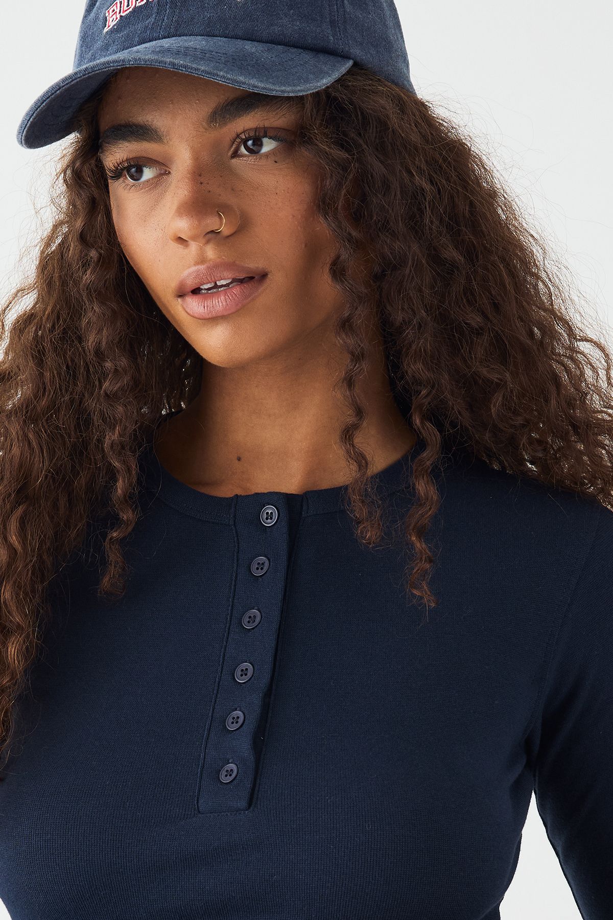 DSGN Studio DSGN Studio Button Detail Embroidered Long Sleeve Top Navy image 4