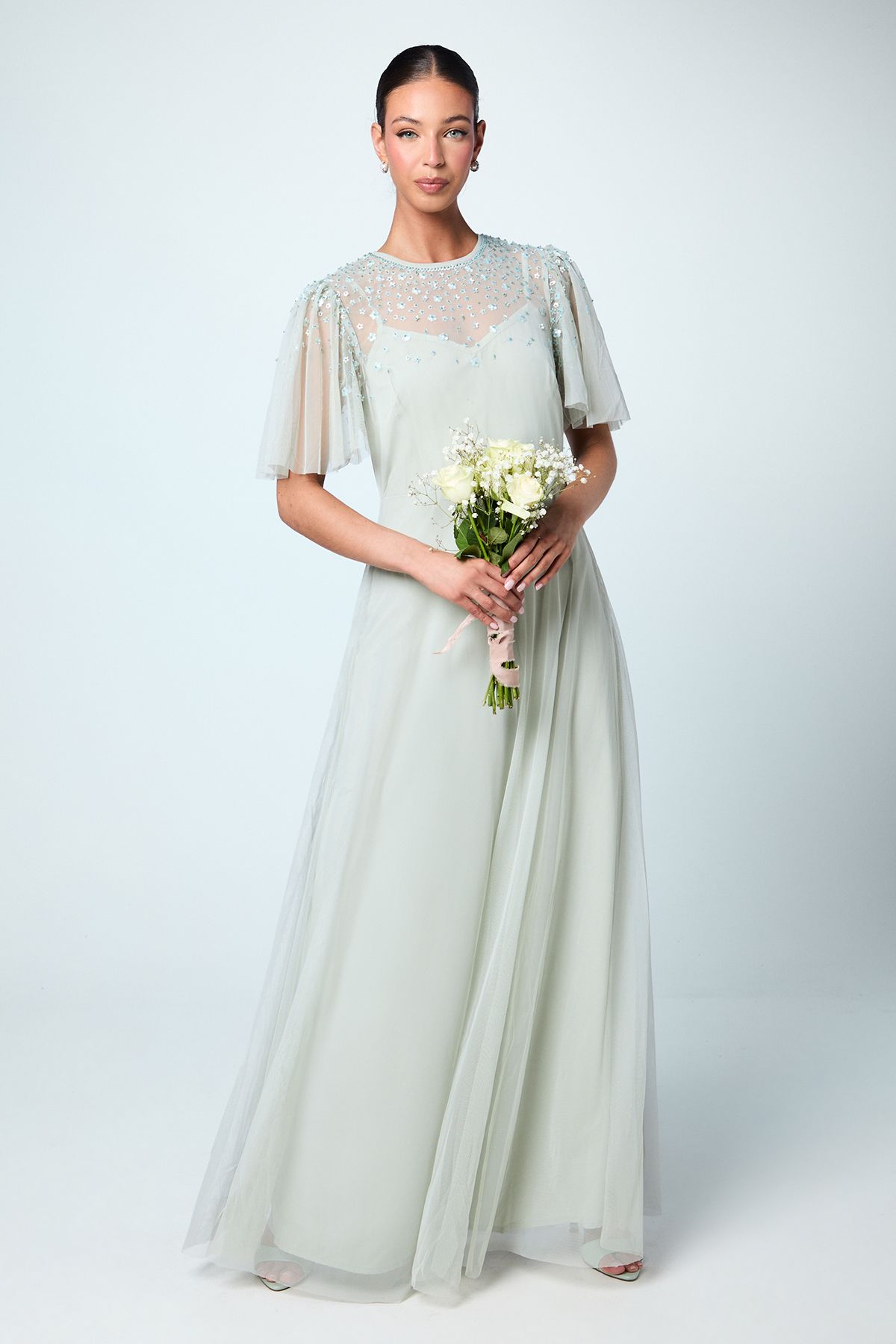 Coast Scattered Floral Embellishment Angel Sleeve Bridesmaid Dress Sage image 1