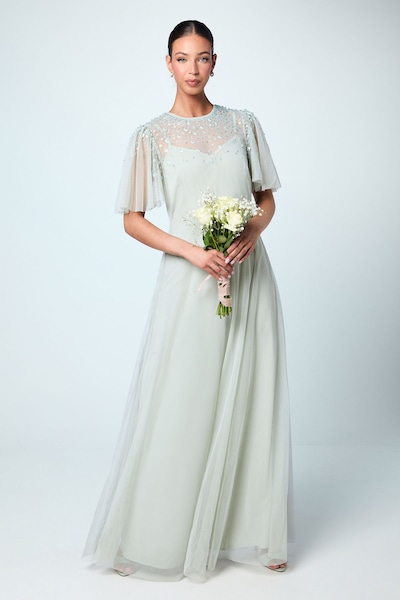 Coast Scattered Floral Embellishment Angel Sleeve Bridesmaid Dress Sage