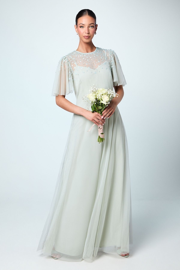 Coast Scattered Floral Embellishment Angel Sleeve Bridesmaid Dress Sage