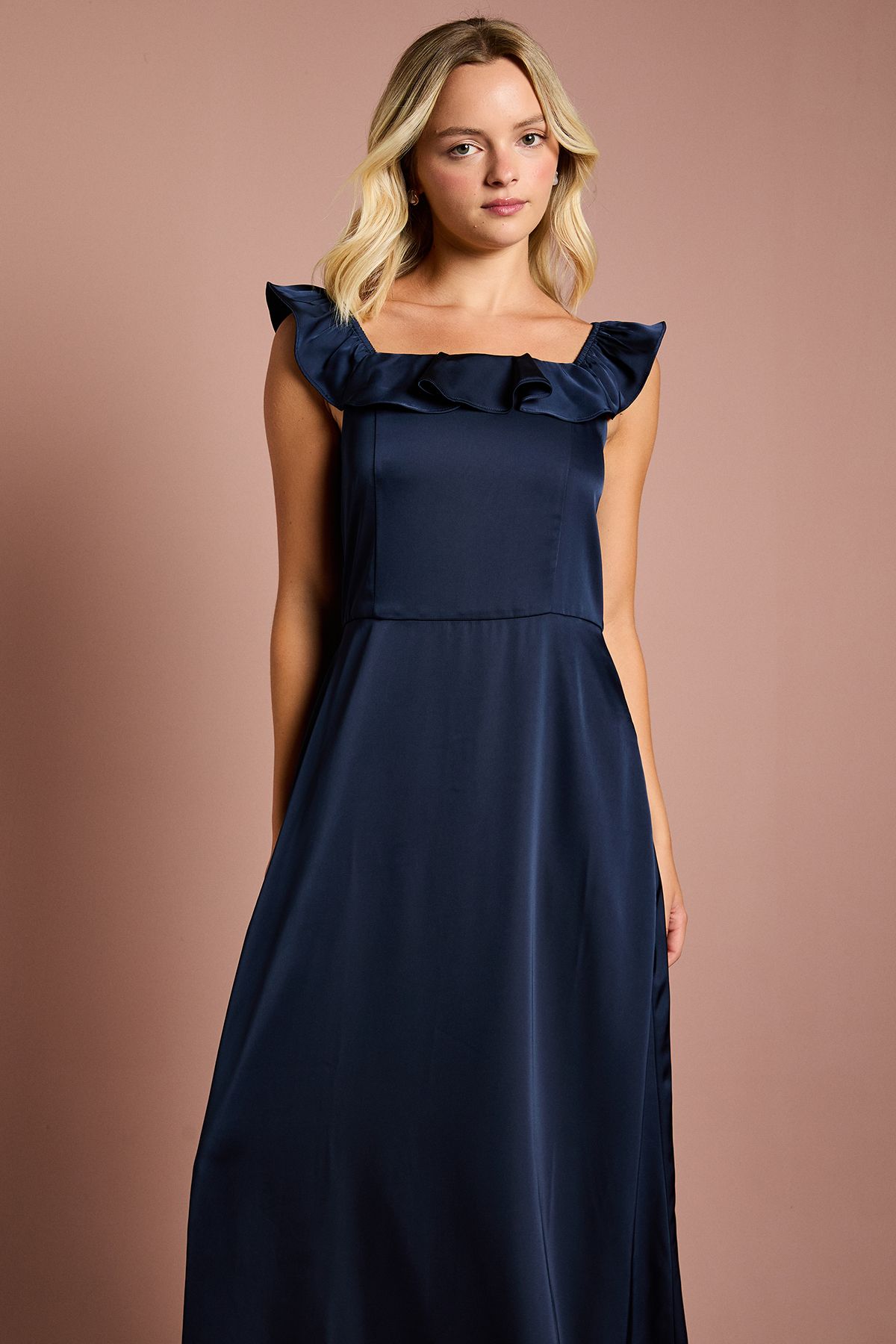 Coast Teen Coast Ruffle Strap Satin Bridesmaid Dress Navy image 2