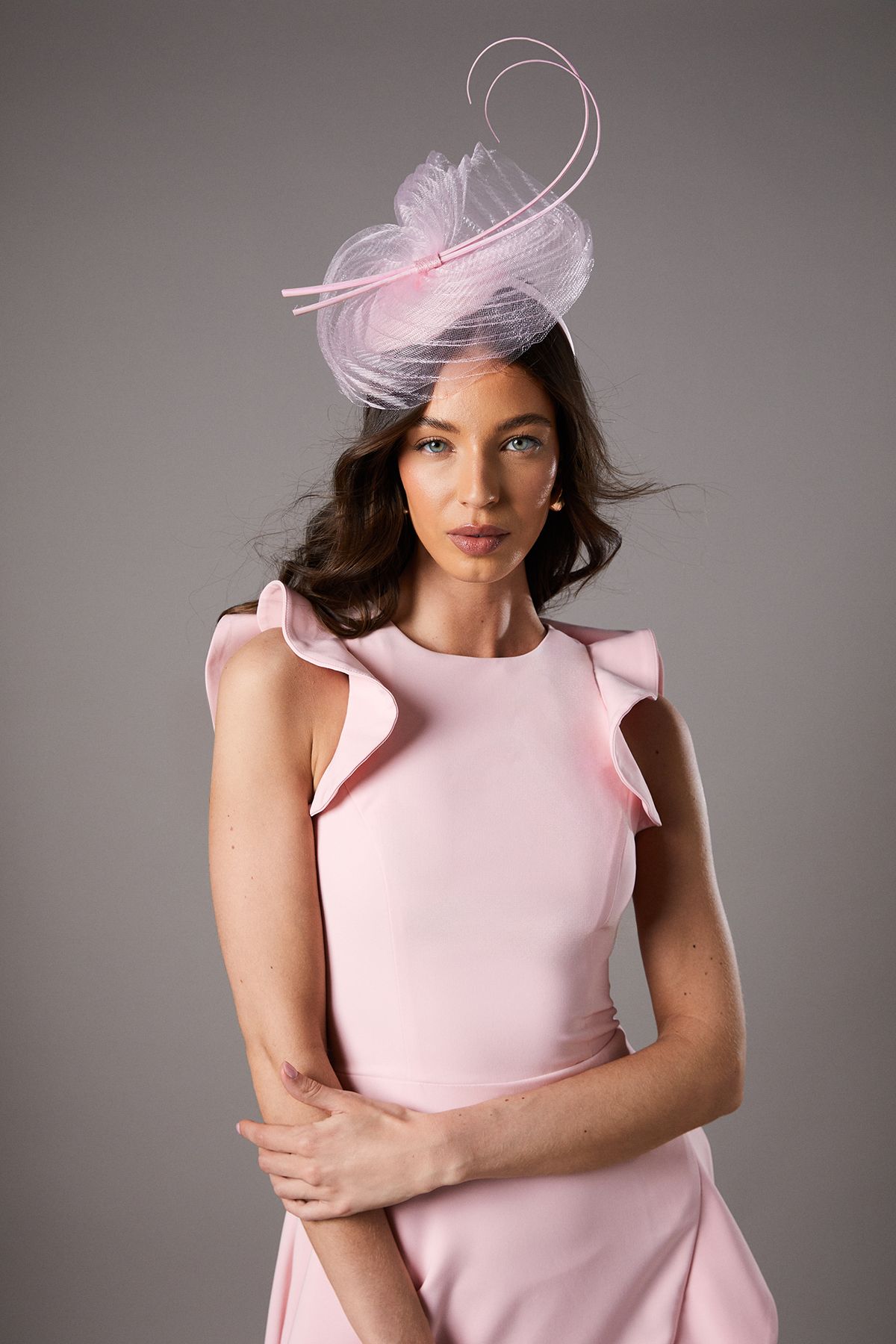 Coast Lisa Tan Ruffle Round Neck Crepe Midi Dress Blush image 4