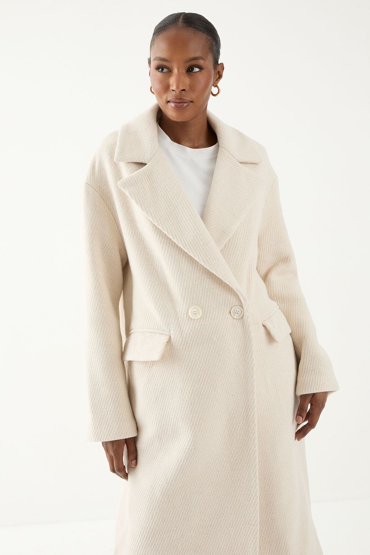 MissPap Wool Look Textured Coat Cream image 2