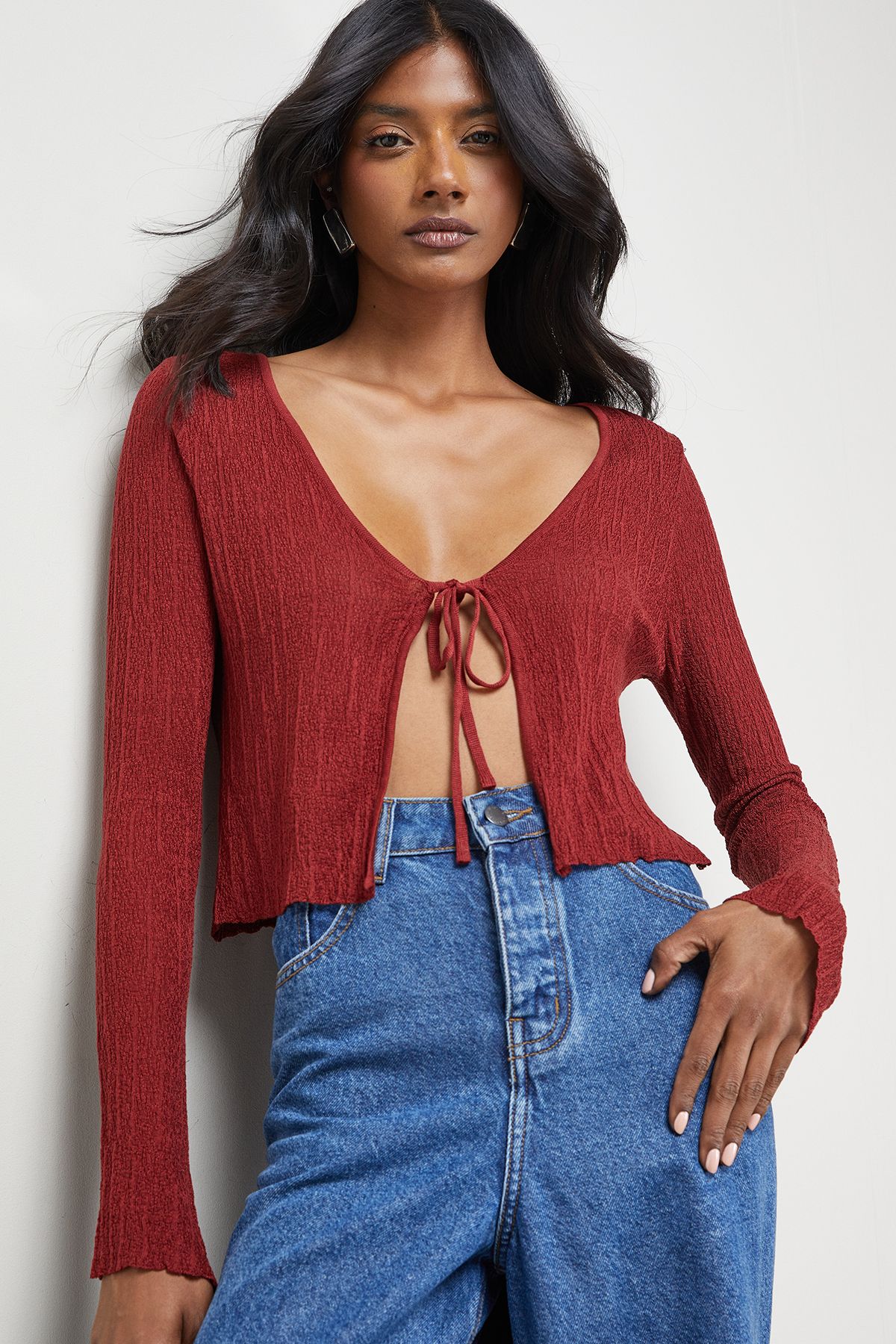 Warehouse Burgundy Crinkle Sheer Tie Detail Cardigan Burgundy
