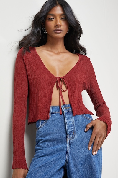Warehouse Burgundy Crinkle Sheer Tie Detail Cardigan Burgundy