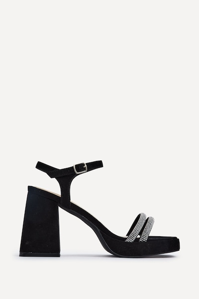 Linzi Xandra Black Faux Suede Diamante Platform Heels