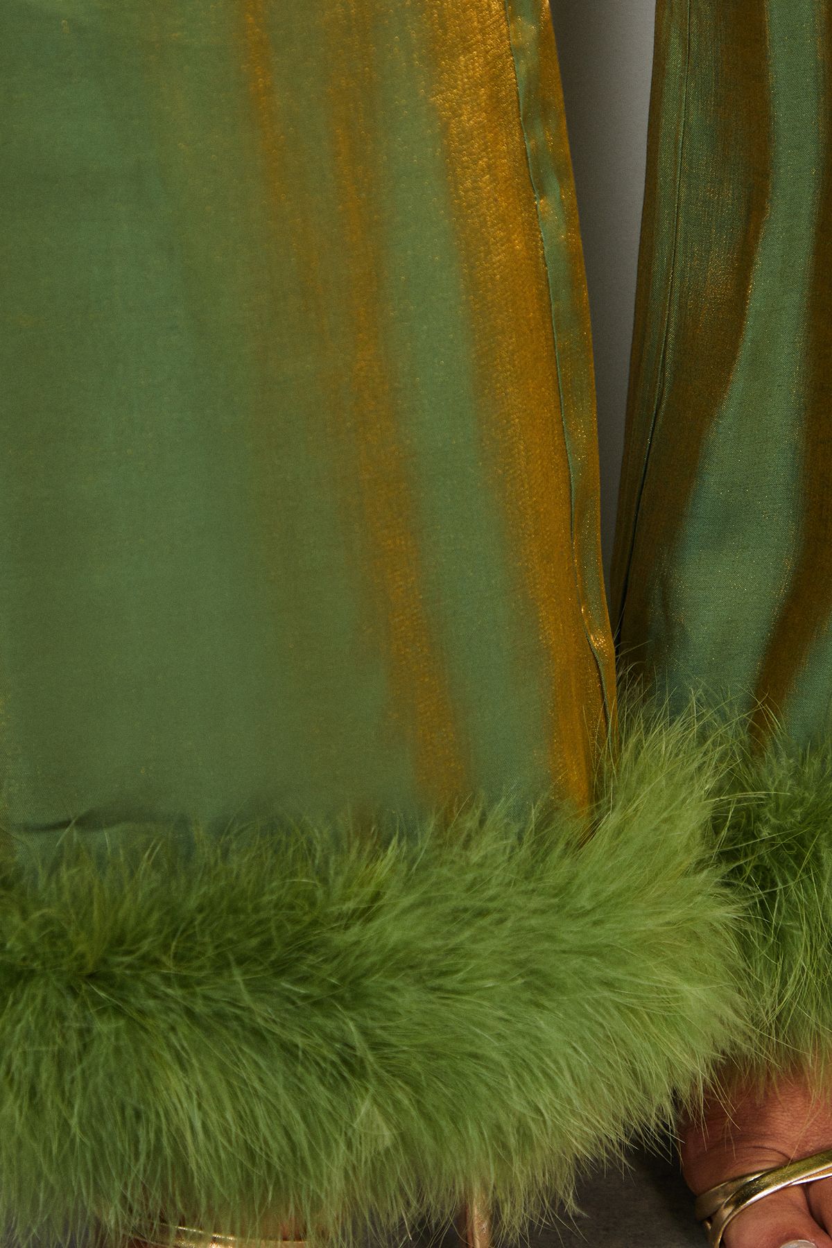 Warehouse Premium Iridescent Feather Cuff Wide Leg Trousers Green image 5