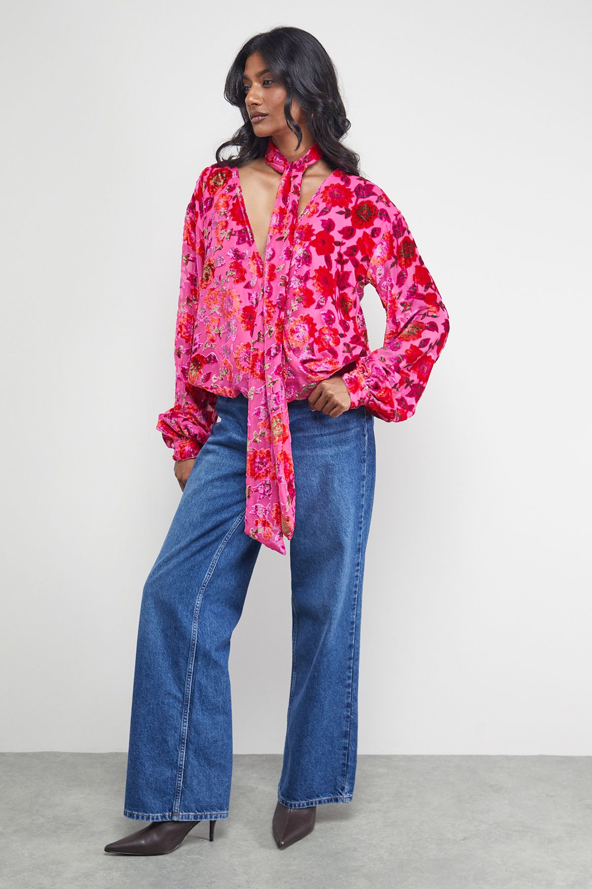 Warehouse Devore High Neck Wrap Front Blouse Pink image 2