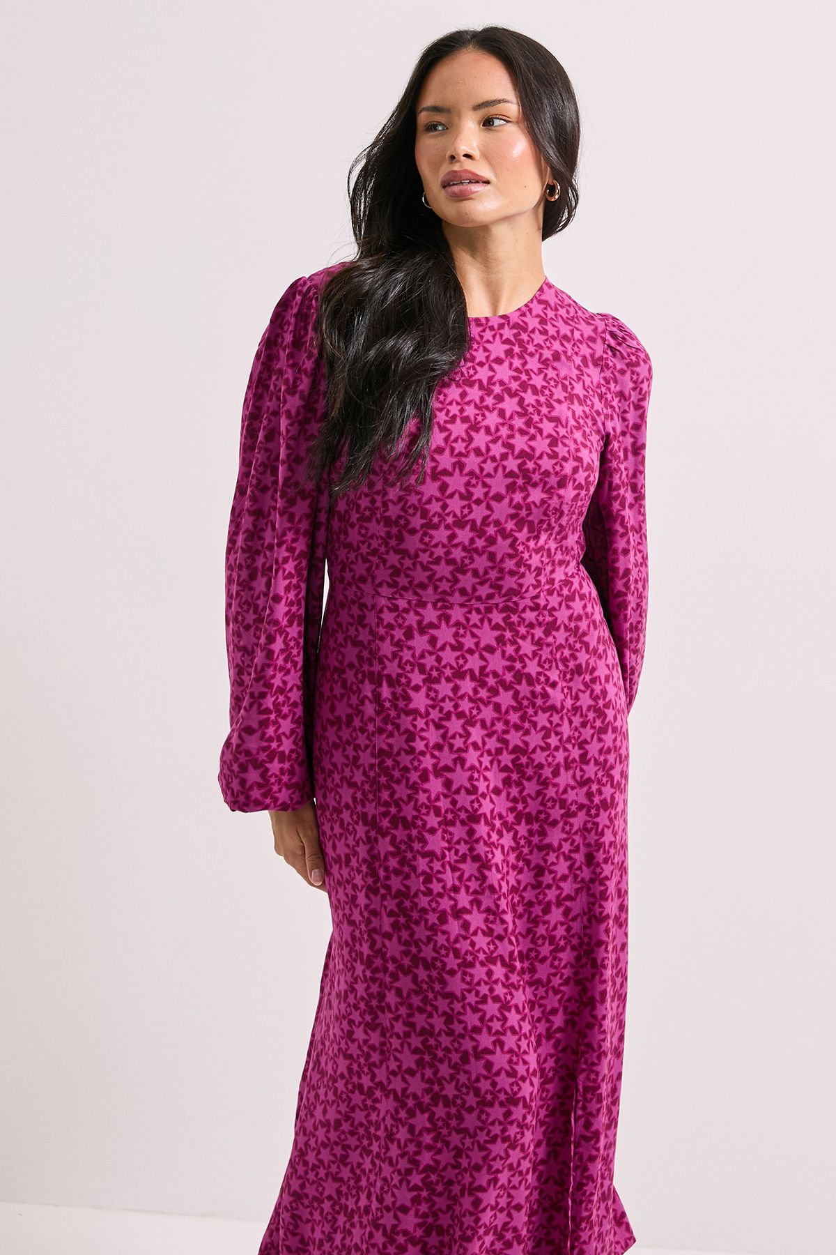 Dorothy Perkins Empire Star Seam Split Detail Printed Midi Dress Burgundy image 2