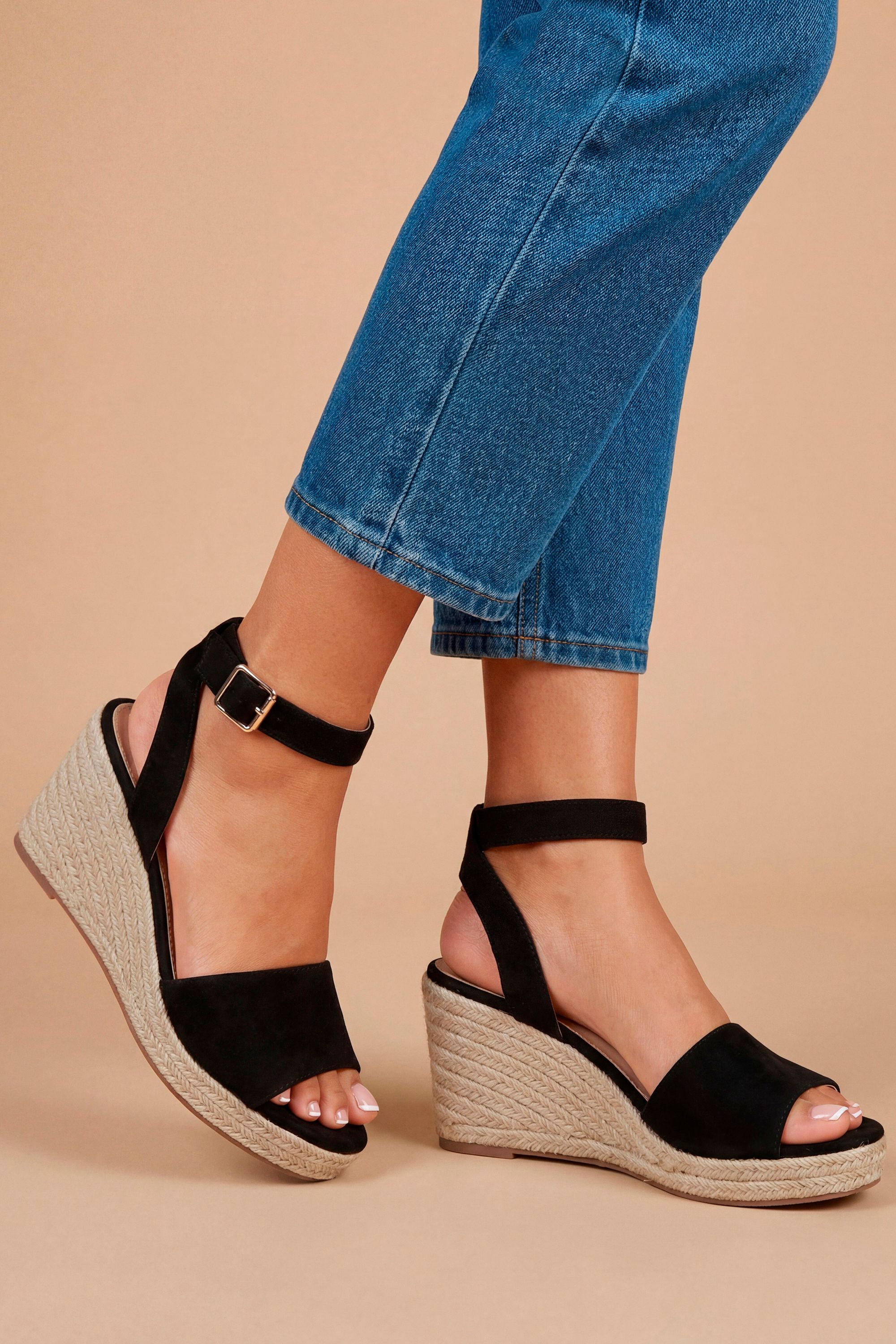 Dorothy Perkins Wide Fit Rebekah Faux Suede Peep Toe Espadrille Wedge Sandals Natural Black