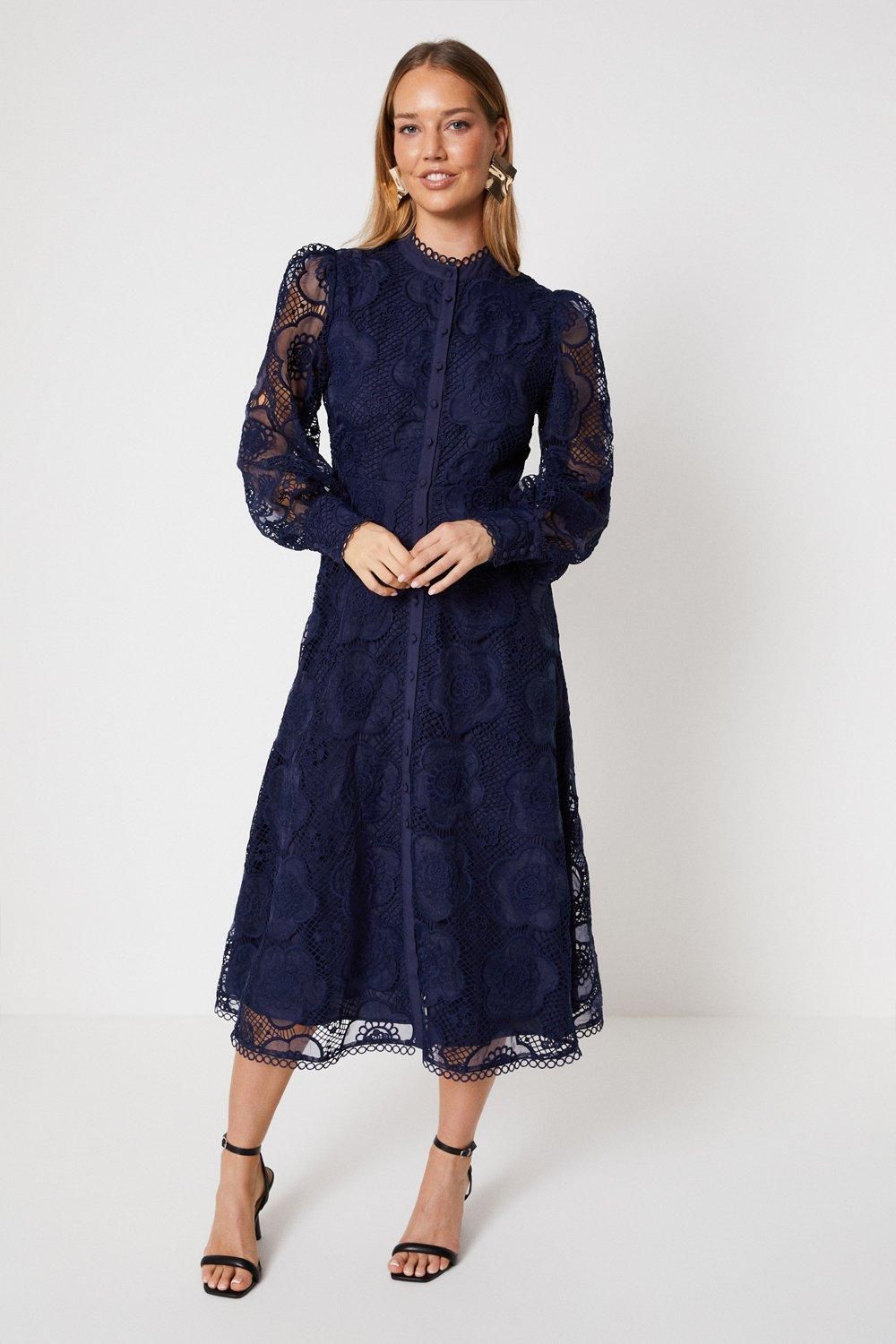 Oasis Premium Organza Lace Trim Midi Shirt Dress Navy image 1