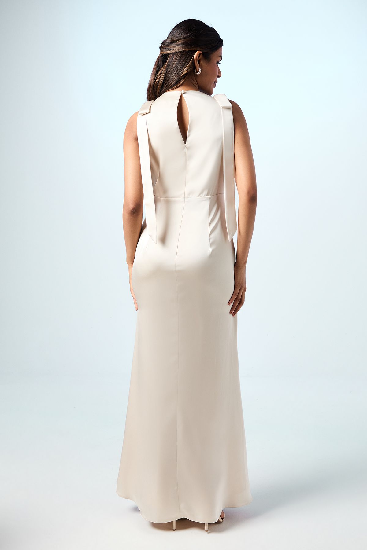 Coast Coast Honoured Petite Sleeveless High Neck Tie Shoulder Satin Maxi Bridesmaid Dress Champagne image 4