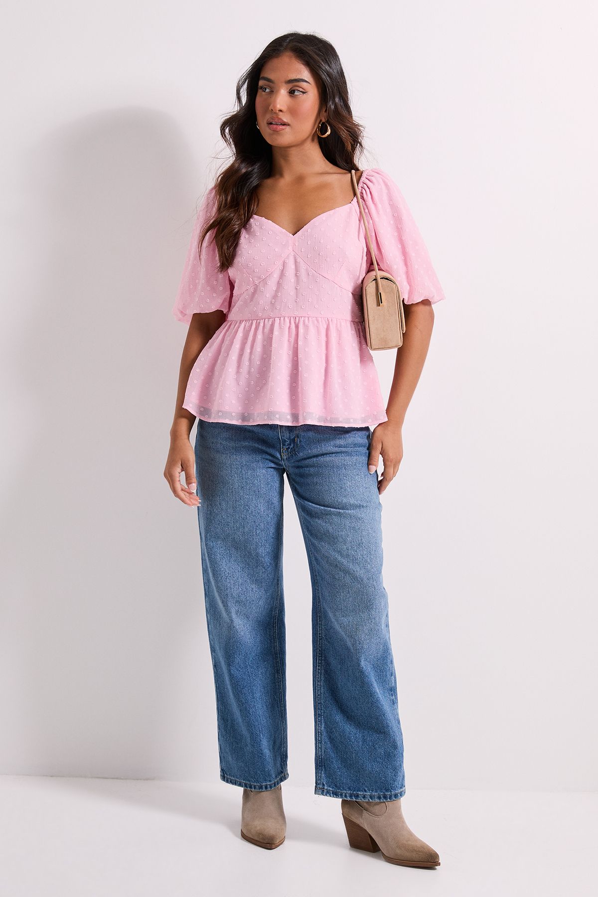 Dorothy Perkins Petite Sweetheart Tie Back Puff Sleeve Top Blush image 2