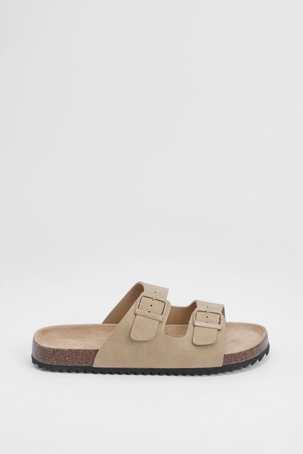 MissPap Taupe Faux Nubuck Suede Double Buckle Footbed Sliders Taupe