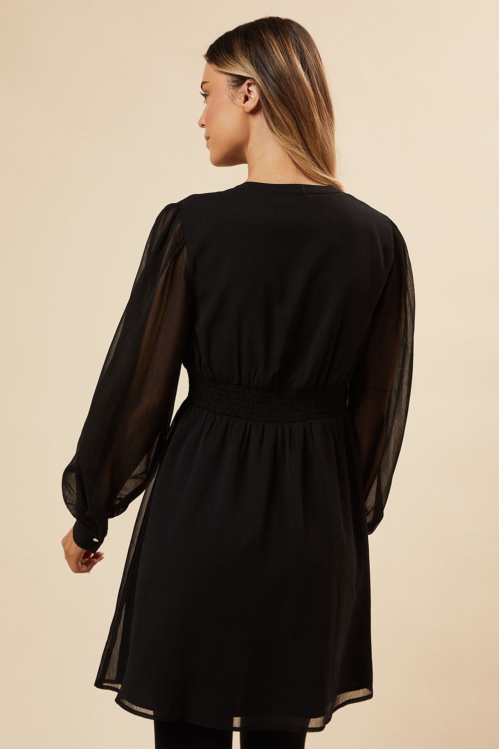 Dorothy Perkins Black Chiffon Long Sleeve Shirred Waist Mini Dress Black image 3