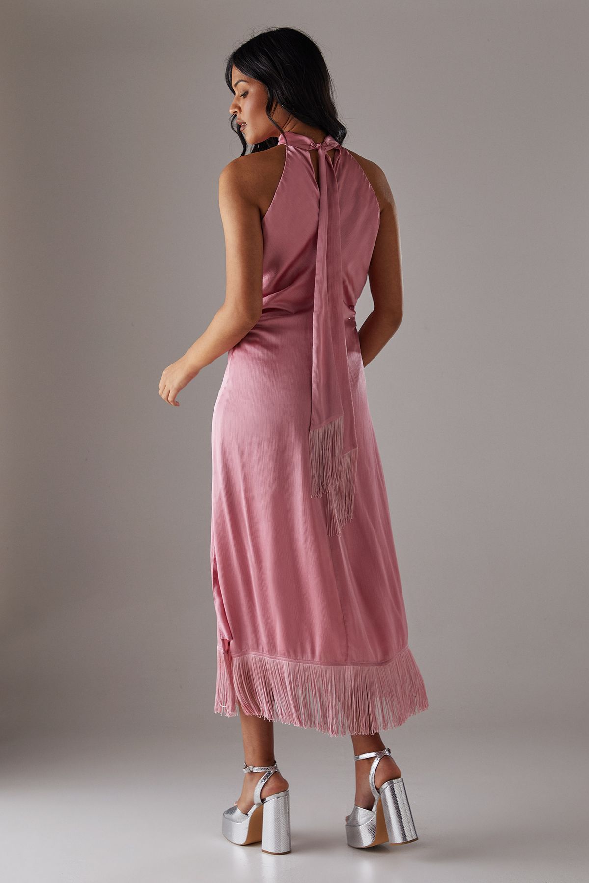 Warehouse Crinkle Satin Halter Fringe Midi Dress Dusty Rose image 4