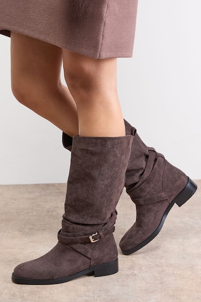 Oasis Ava Faux Suede Mid-Calf Buckle Boots Dark Brown