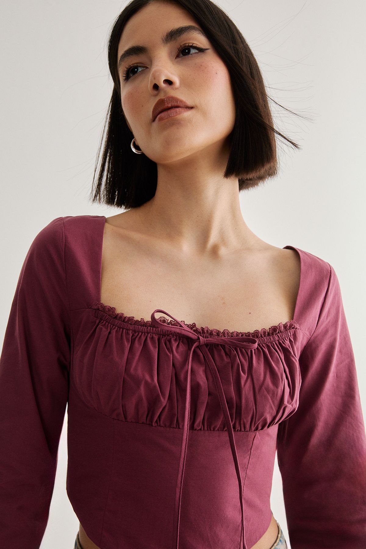 NastyGal Cotton Lace Trim Lace Up Back Long Sleeve Corset Top Wine image 1