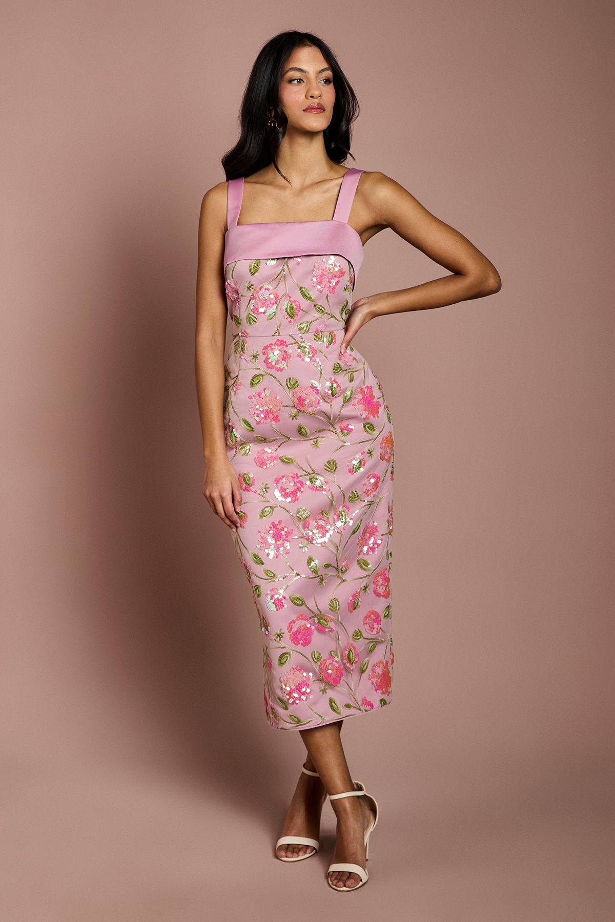 Coast Petite Sequin Floral Pencil Dress Light Pink