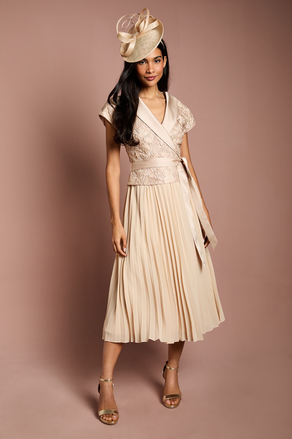 Coast Lace Wrap Top Pleat Tux Midi Dress Champagne image 1