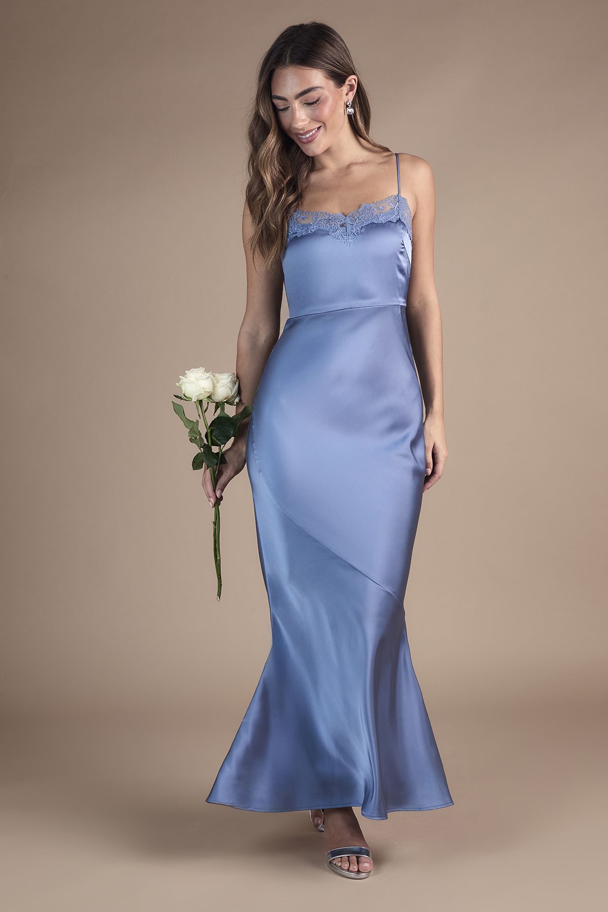Oasis Oasis By Coast Lace Trim Strappy Satin Maxi Bridesmaid Dress Blue image 1