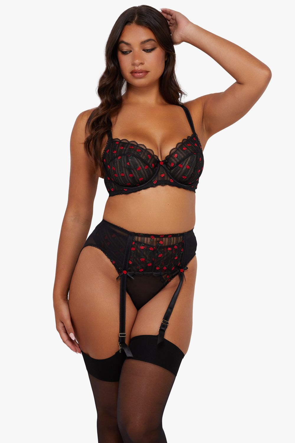 Playful Promises Elodie Black And Red Rosebud Embroidery Susp Belt image 2