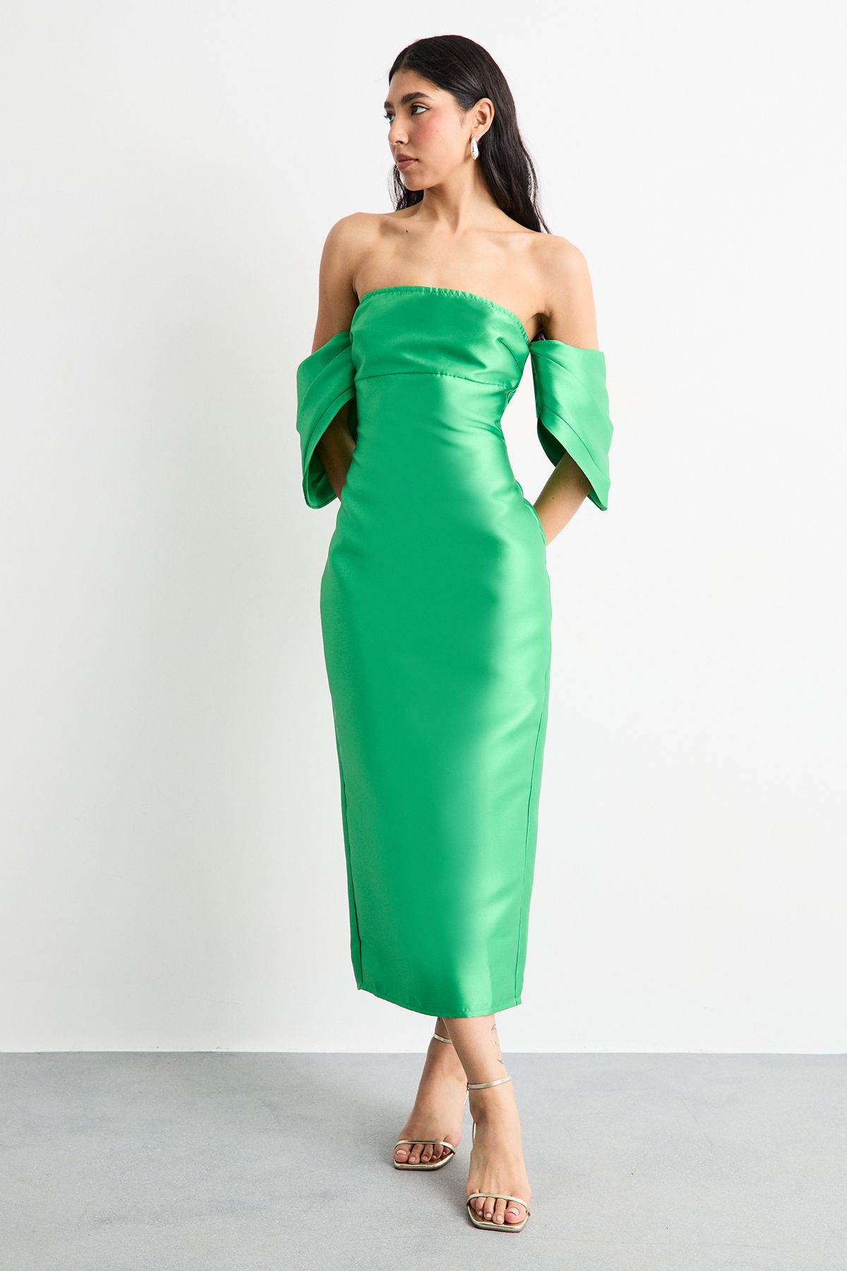 Warehouse Structured Puff Sleeve Bardot Midi Dress Bright Green