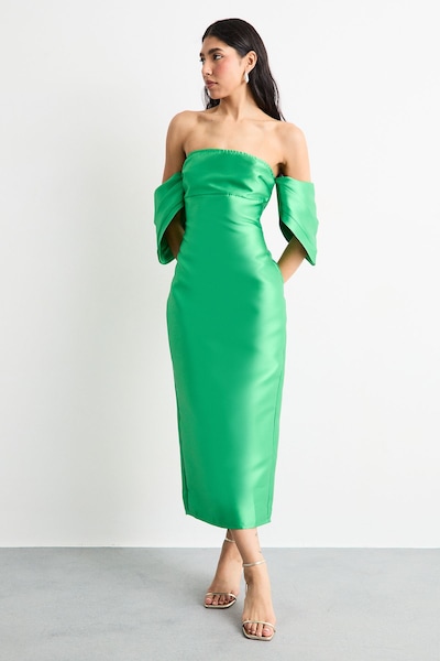 Warehouse Structured Puff Sleeve Bardot Midi Dress Bright Green