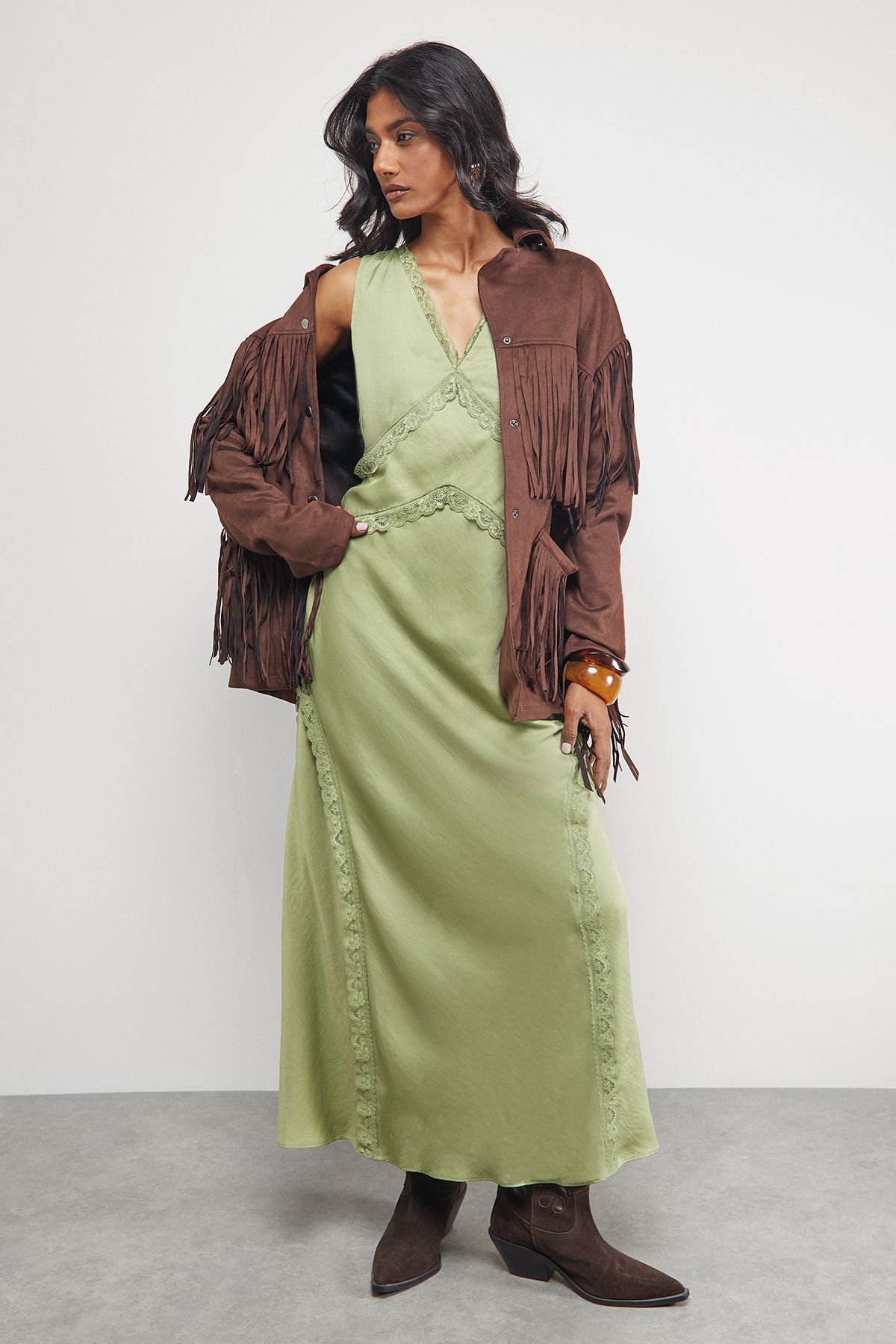 Warehouse Olive Satin Contrast Lace Midi Slip Dress PLT