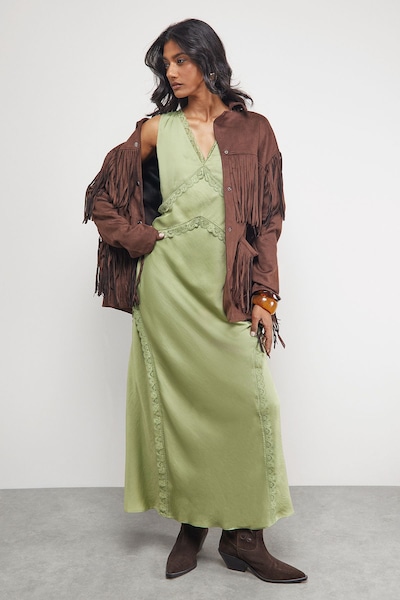 Warehouse Satin Contrast Lace Midi Slip Dress Olive