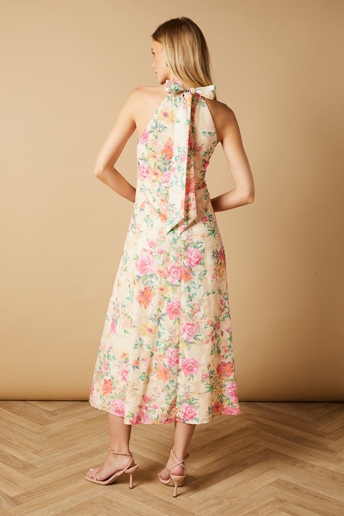 Oasis Occasion Floral Halterneck Jacquard Midi Dress Cream image 3