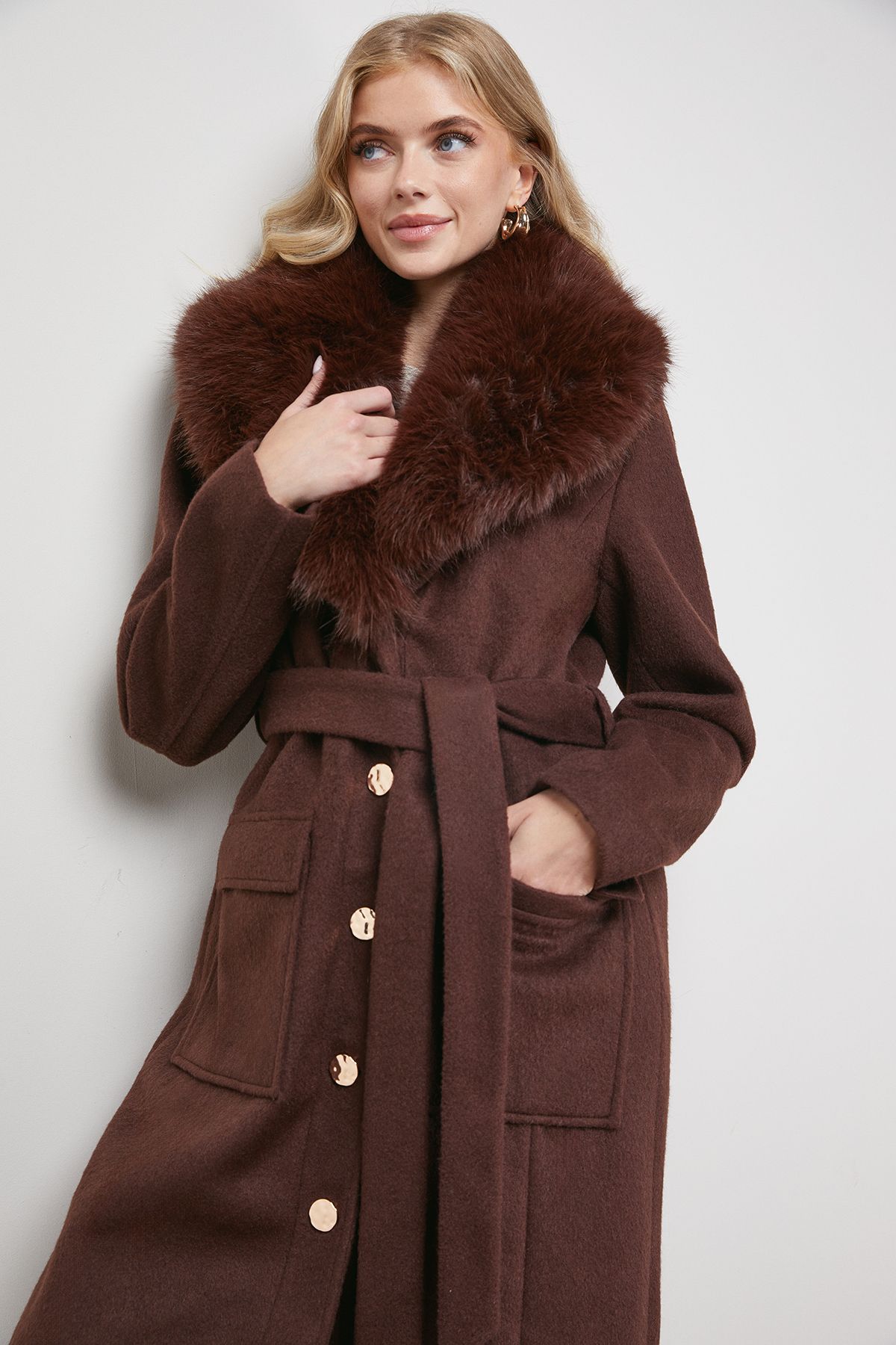 Oasis Buckle Detail Faux Fur Collar Belted Coat Chocolate image 1