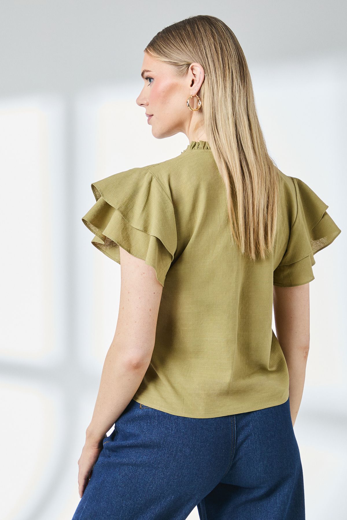 Principles Bubble Hem Flute Sleeve Top Olive image 3