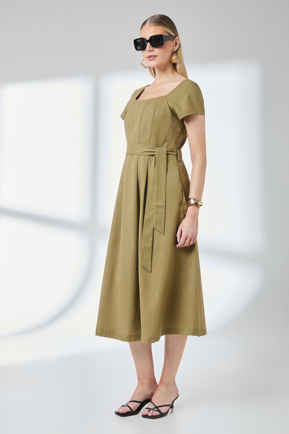 Principles Olive Square Neck Belted Linen Midi Dress Olive