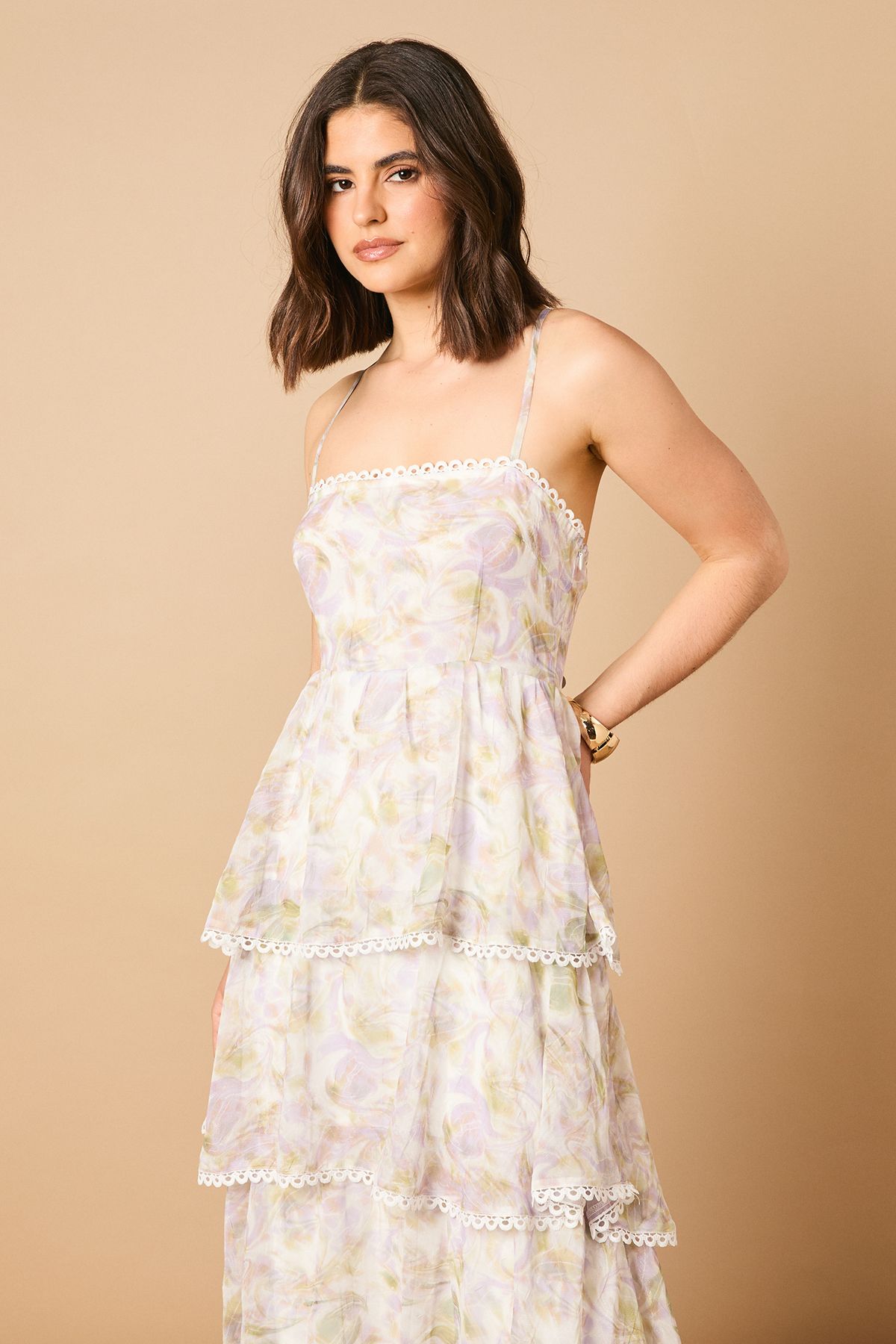 Oasis Printed Tiered Halterneck Spaghetti Strap Maxi Dress Ivory image 2