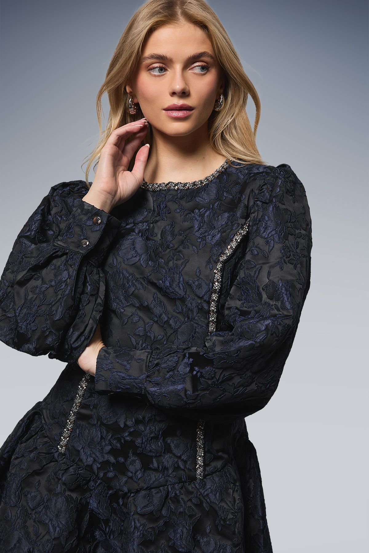 Oasis Embellished Trim Jacquard Mini Dress Navy image 4