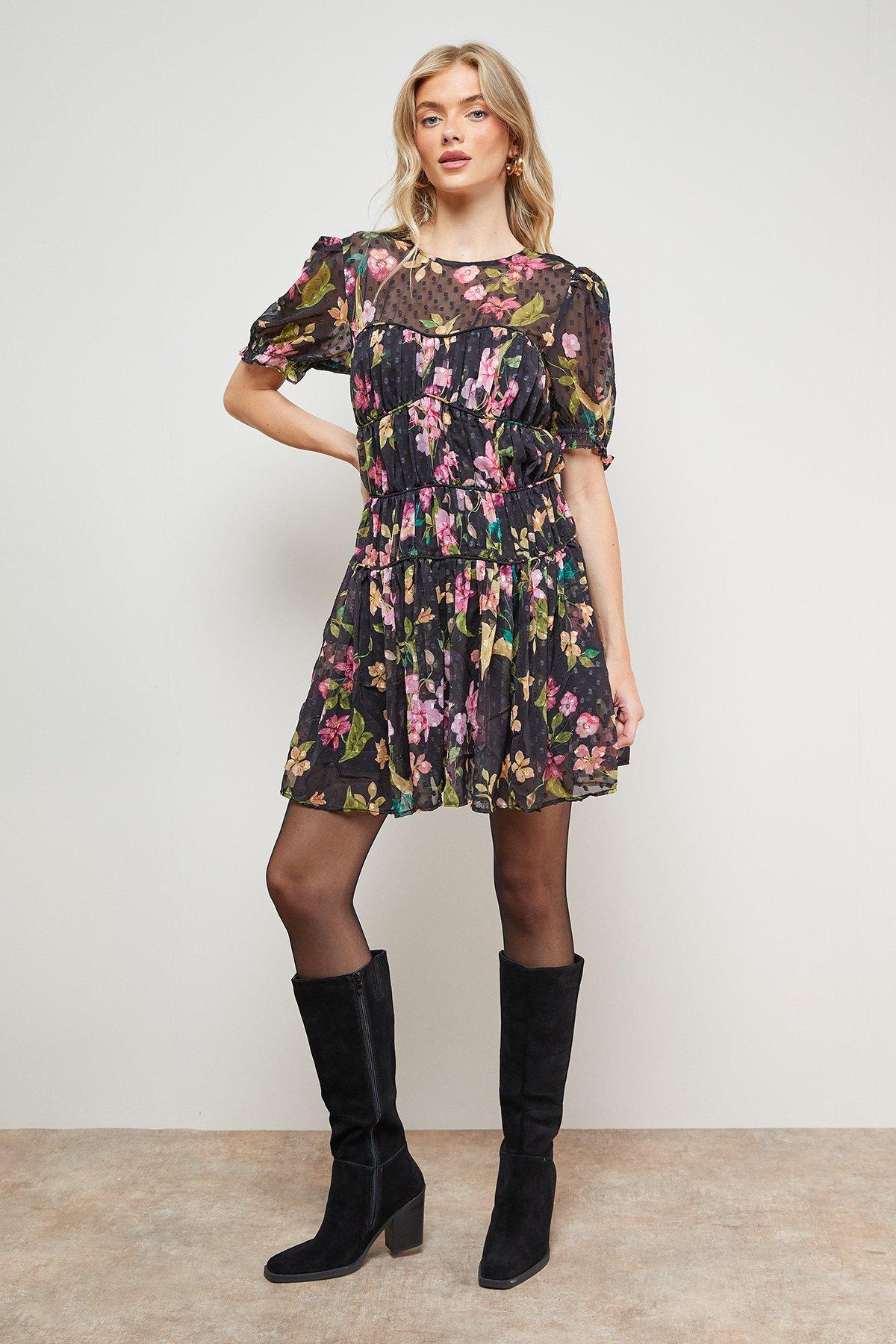 Oasis Printed Dobby Shirred Bodice Mini Dress Black image 1