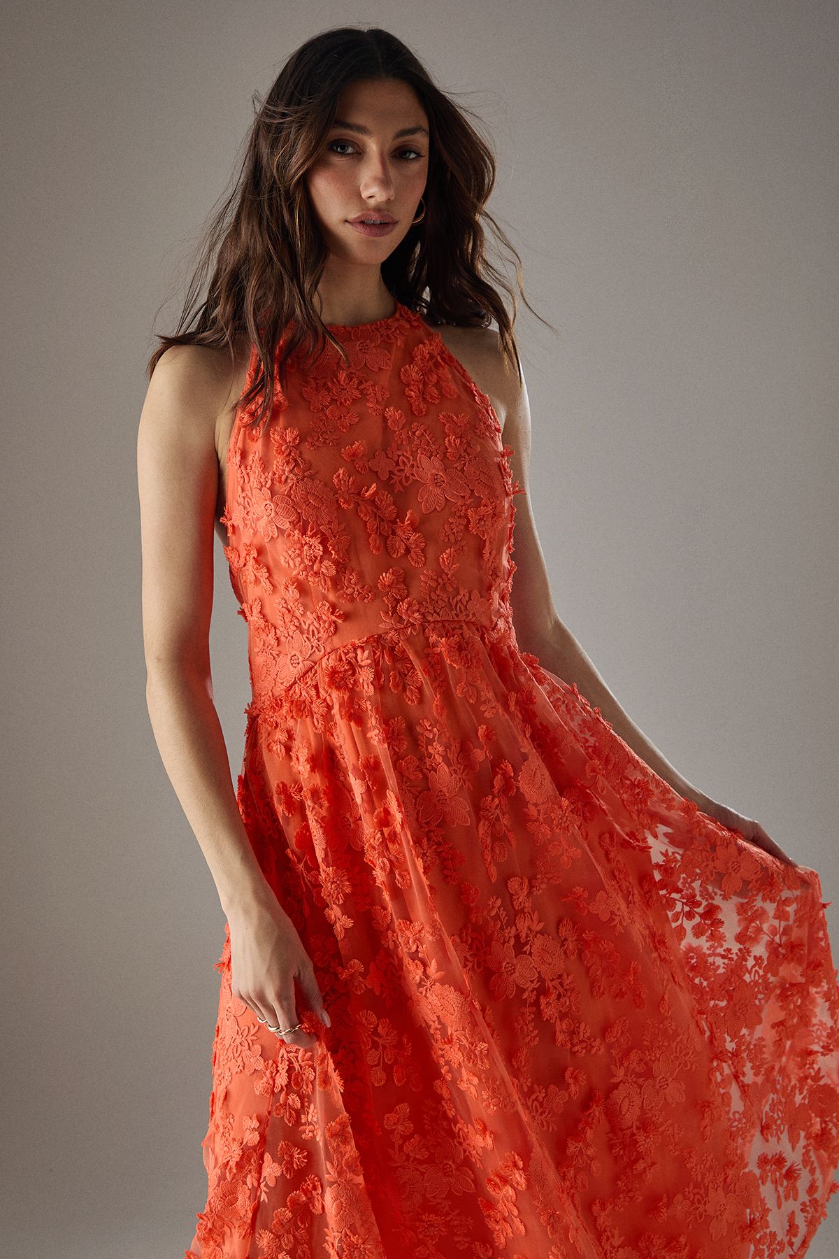 Warehouse 3D Embroidered Halter Open Back Midi Dress Orange image 2