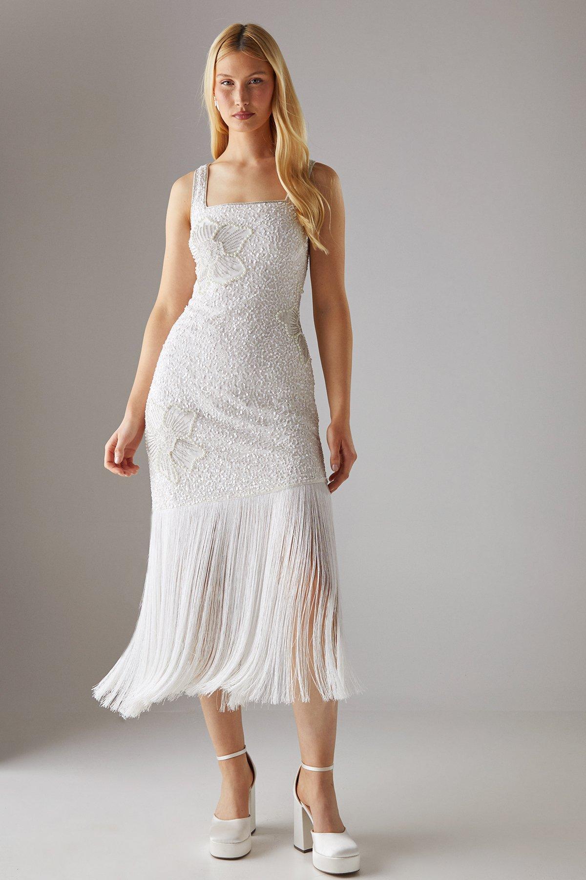 Warehouse Hen Premium Hand Embellished Sequin Flower Fringe Hem Midi Dress Ivory image 1