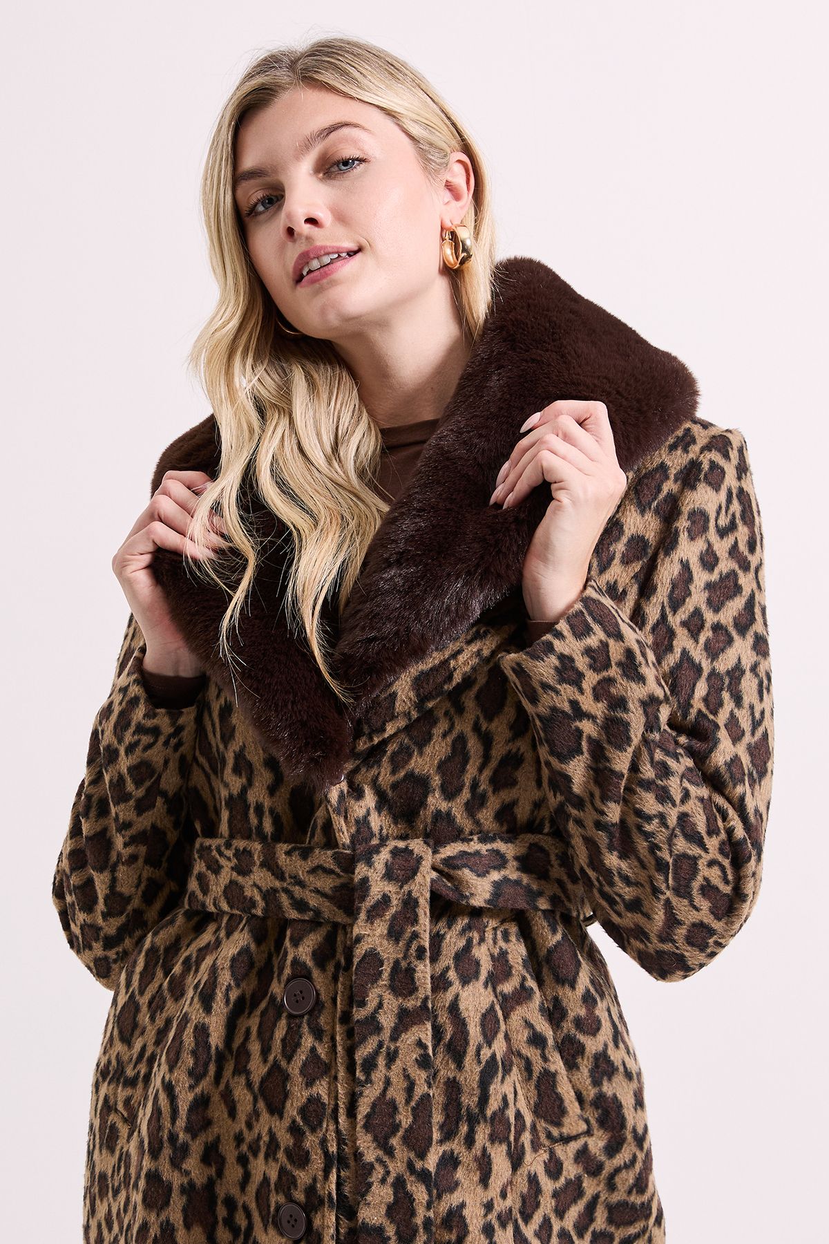 Dorothy Perkins Animal Printed Belted Coat Brown image 3