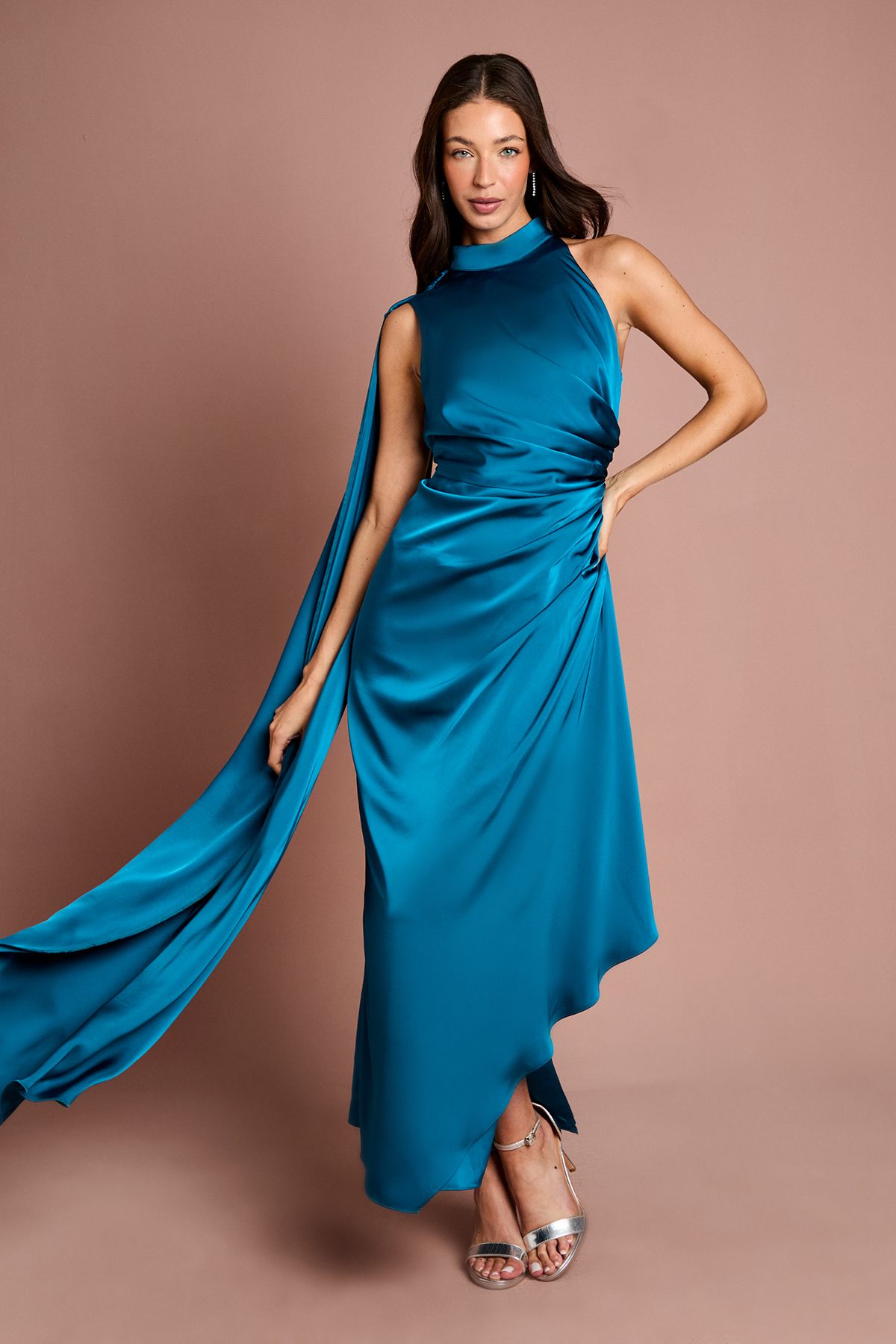 Coast Satin Ruched Detail Cap Midi Dress Teal image 1