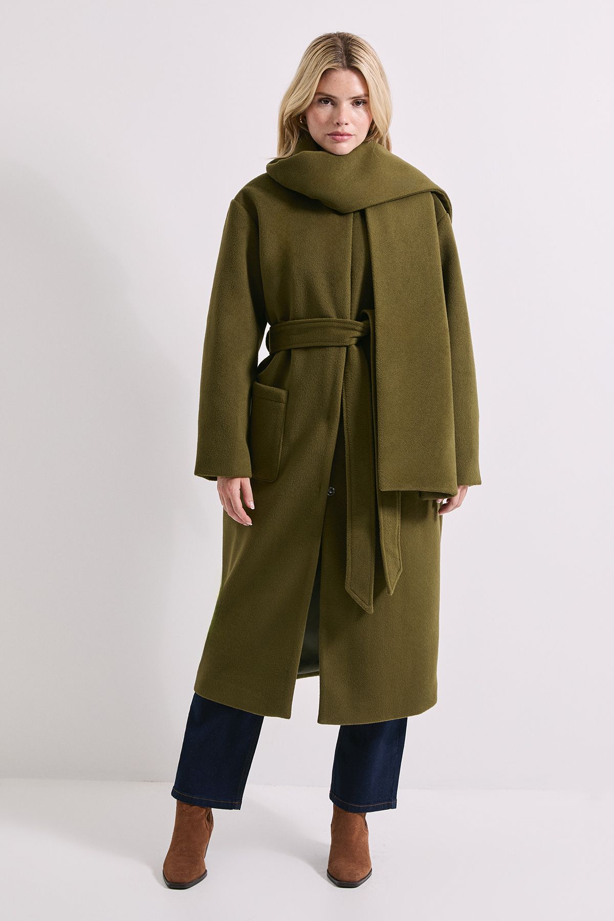 Dorothy Perkins Belted Round Neck Scarf Coat Olive image 1