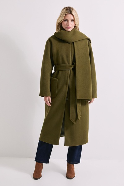 Dorothy Perkins Belted Round Neck Scarf Coat Olive