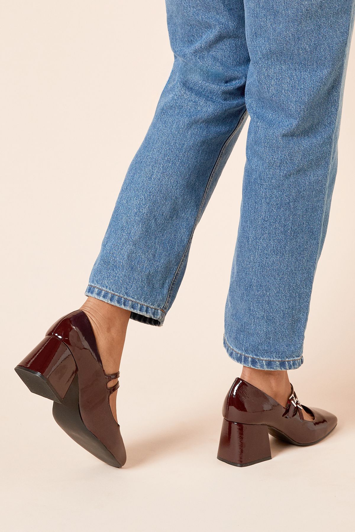 Dorothy Perkins Wide Fit Dawn Faux Patent Leather Double Mary Jane Mid Block Heel Court Shoes Dark Red image 4