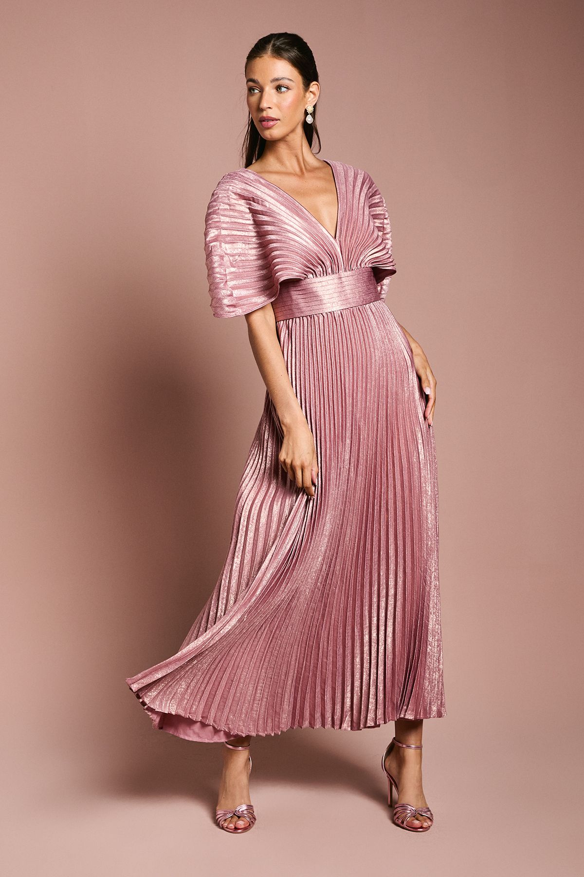 Coast Batwing Pleated Metallic Midaxi Dress Pink